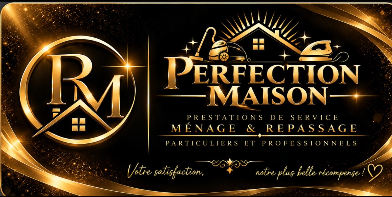 Bannière officielle Perfection Maison, logo doré et prestations de ménage et repassage